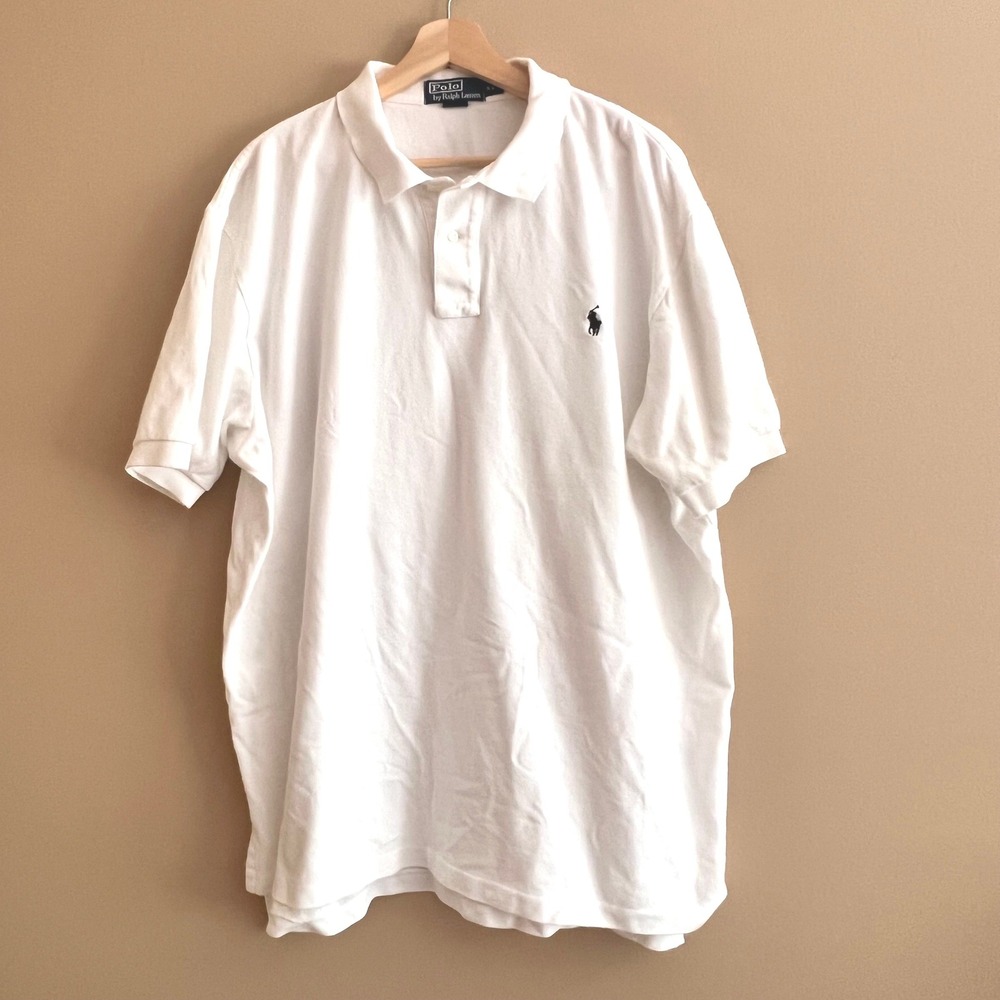 Polo Ralph Lauren Mens XXL White Short Sleeve Pique Cotton Polo Shirt Navy Pony